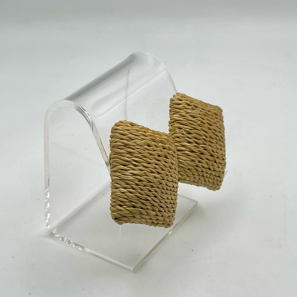 Rustic Jute Square Clip Earrings Statement Boho Vibe Neutral - Picture 4 of 16